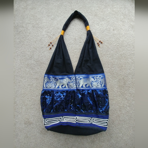 Unique Cotton Bag, Elephant Motif, Wooden Bead Accents. - Picture 2 of 3